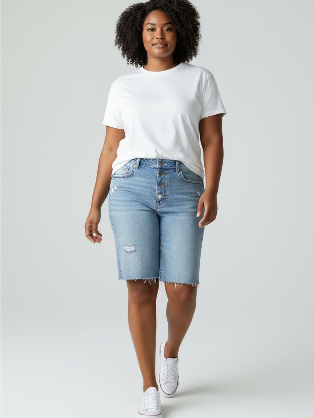 Zara Light Blue Button Fly Distressed Bermuda Denim Shorts